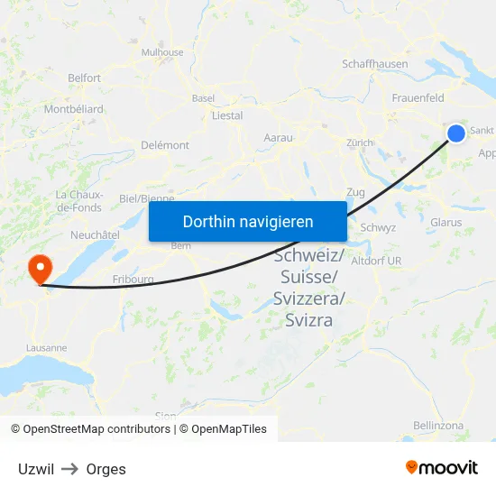 Uzwil to Orges map