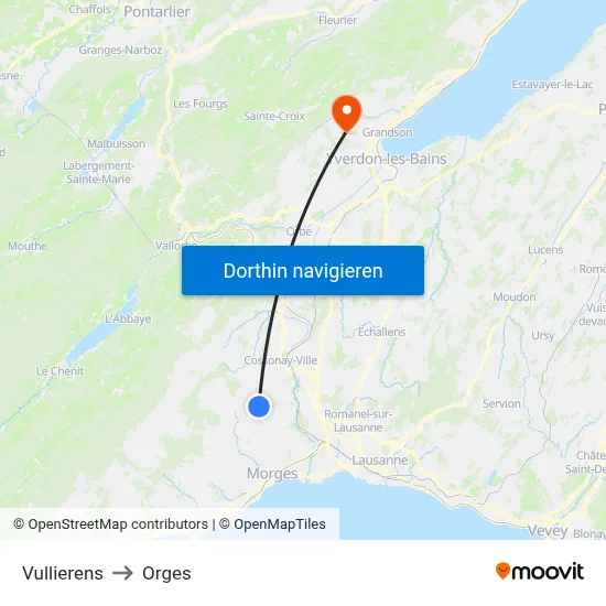 Vullierens to Orges map