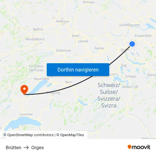 Brütten to Orges map
