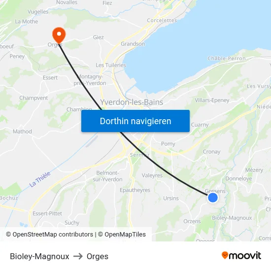 Bioley-Magnoux to Orges map