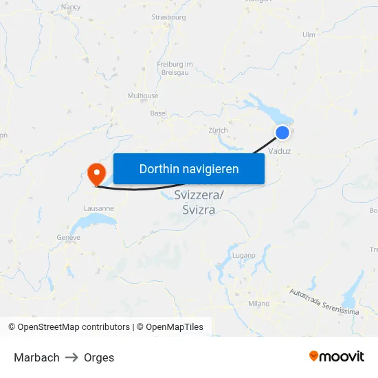 Marbach to Orges map
