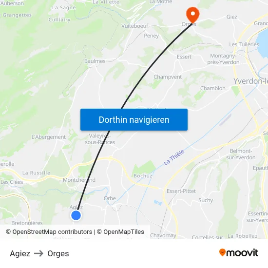 Agiez to Orges map