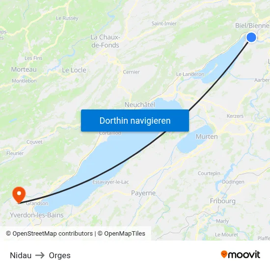 Nidau to Orges map