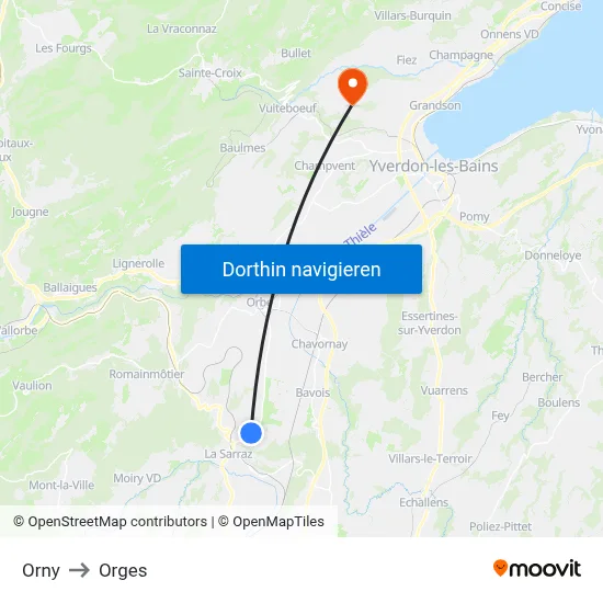 Orny to Orges map