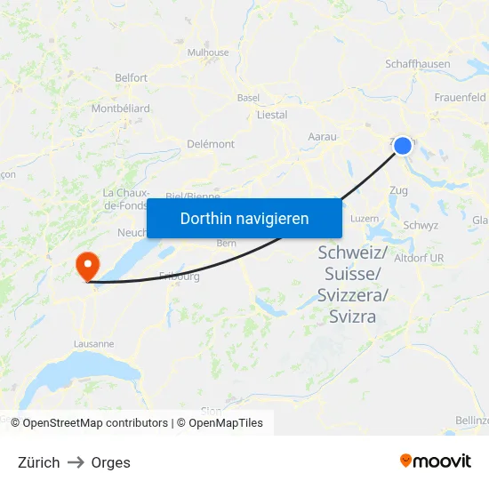 Zürich to Orges map