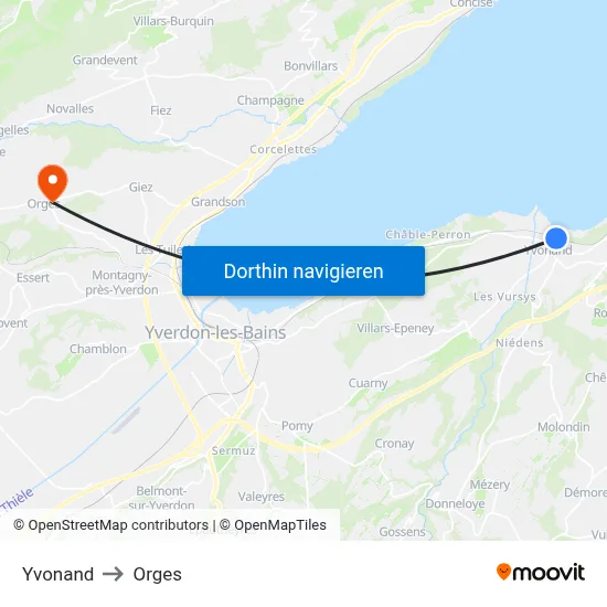 Yvonand to Orges map