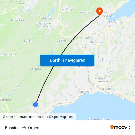 Bassins to Orges map