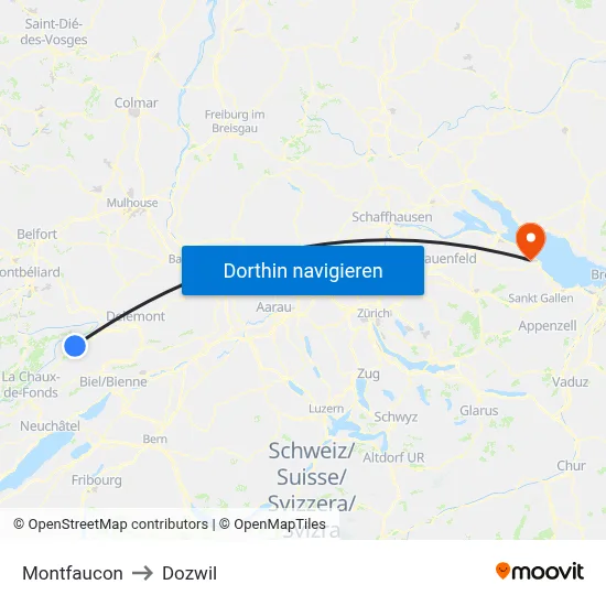 Montfaucon to Dozwil map