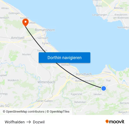 Wolfhalden to Dozwil map