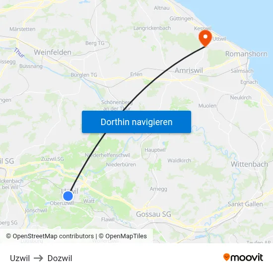 Uzwil to Dozwil map