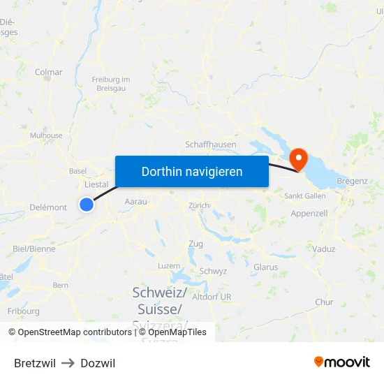 Bretzwil to Dozwil map