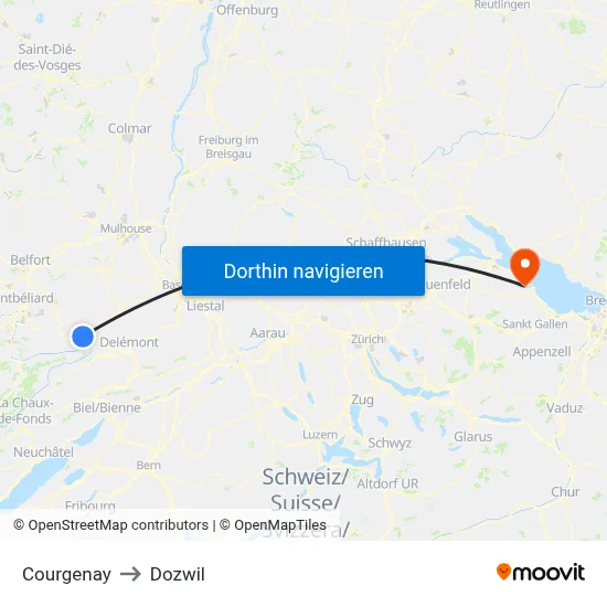 Courgenay to Dozwil map
