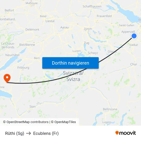 Rüthi (Sg) to Ecublens (Fr) map