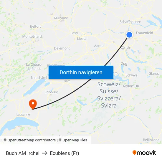 Buch AM Irchel to Ecublens (Fr) map