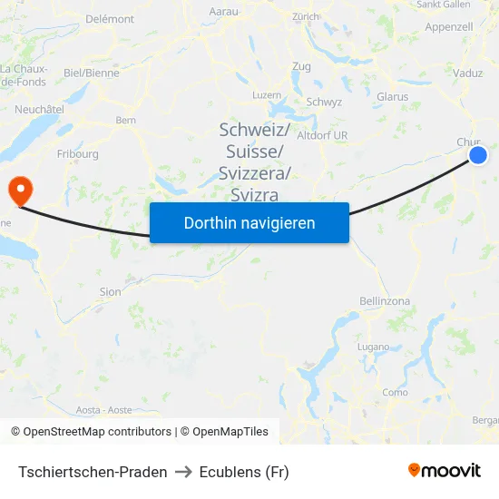 Tschiertschen-Praden to Ecublens (Fr) map