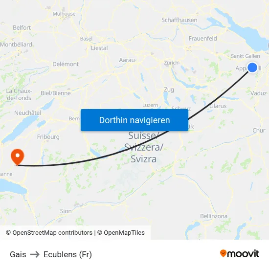 Gais to Ecublens (Fr) map