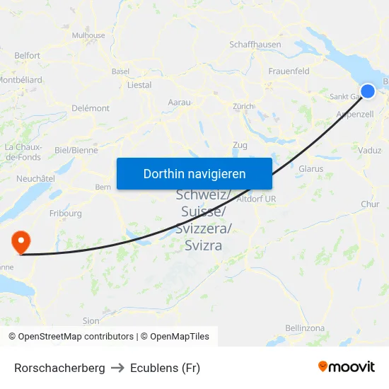 Rorschacherberg to Ecublens (Fr) map