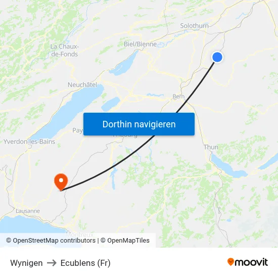 Wynigen to Ecublens (Fr) map