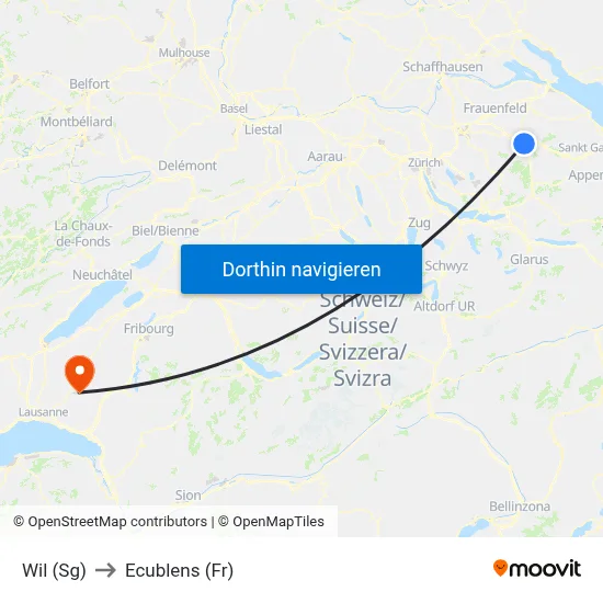 Wil (Sg) to Ecublens (Fr) map
