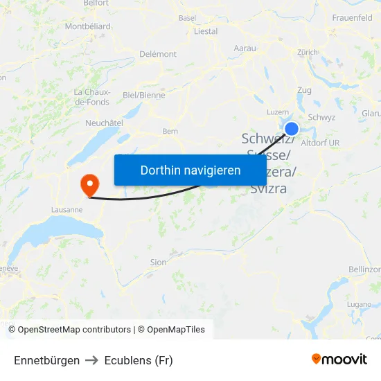 Ennetbürgen to Ecublens (Fr) map