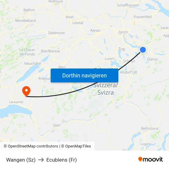 Wangen (Sz) to Ecublens (Fr) map