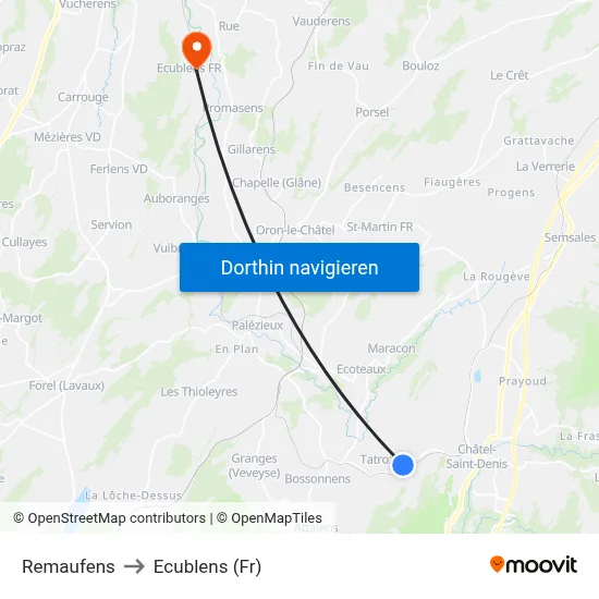 Remaufens to Ecublens (Fr) map