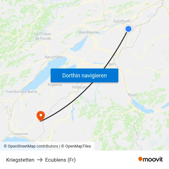 Kriegstetten to Ecublens (Fr) map