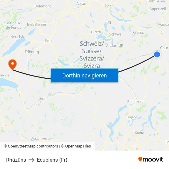 Rhäzüns to Ecublens (Fr) map