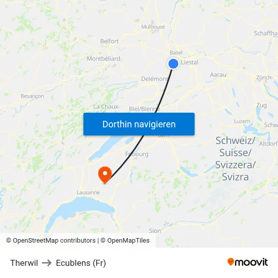 Therwil to Ecublens (Fr) map