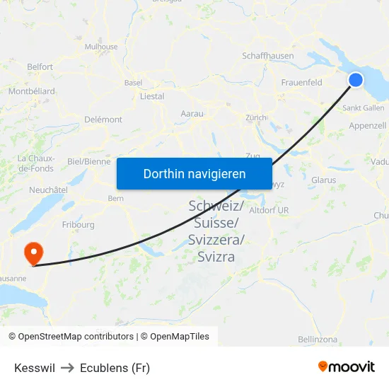 Kesswil to Ecublens (Fr) map
