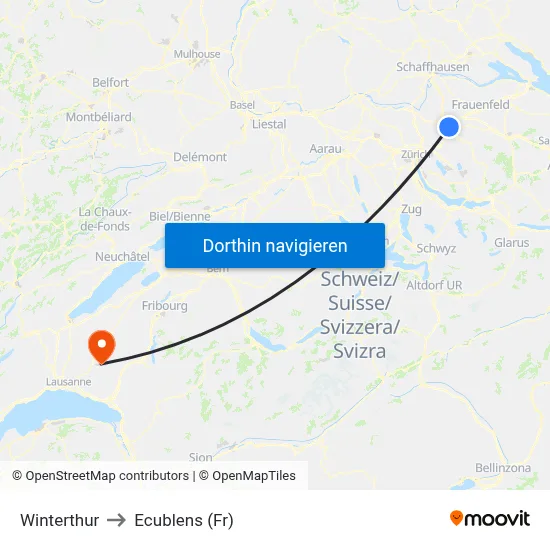 Winterthur to Ecublens (Fr) map