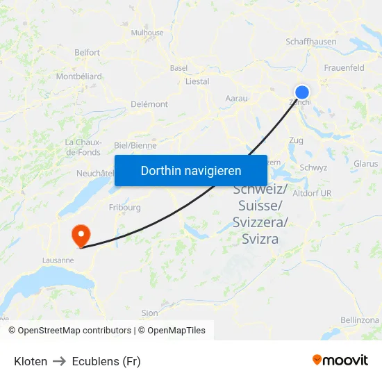 Kloten to Ecublens (Fr) map