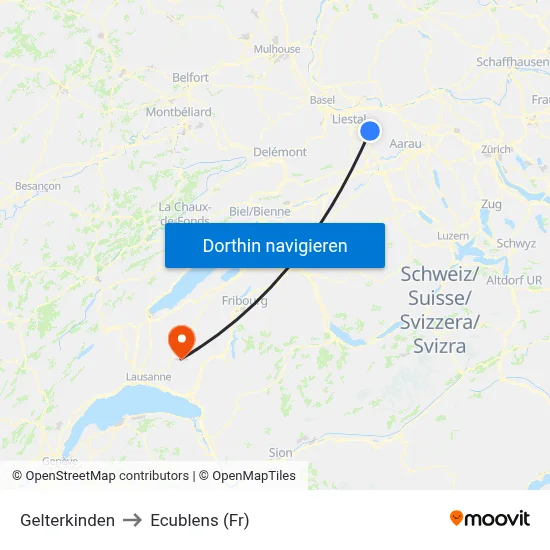 Gelterkinden to Ecublens (Fr) map