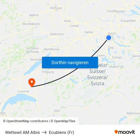 Wettswil AM Albis to Ecublens (Fr) map