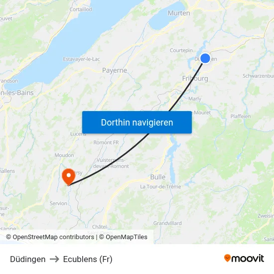 Düdingen to Ecublens (Fr) map