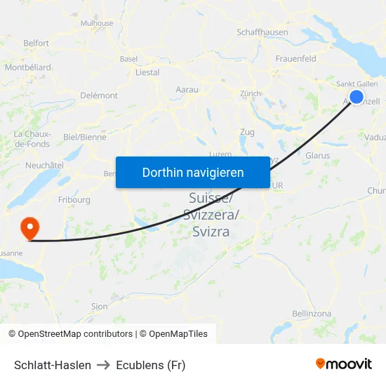 Schlatt-Haslen to Ecublens (Fr) map