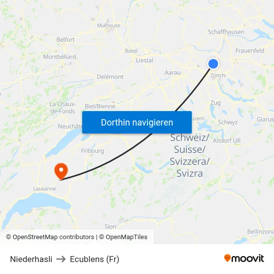 Niederhasli to Ecublens (Fr) map