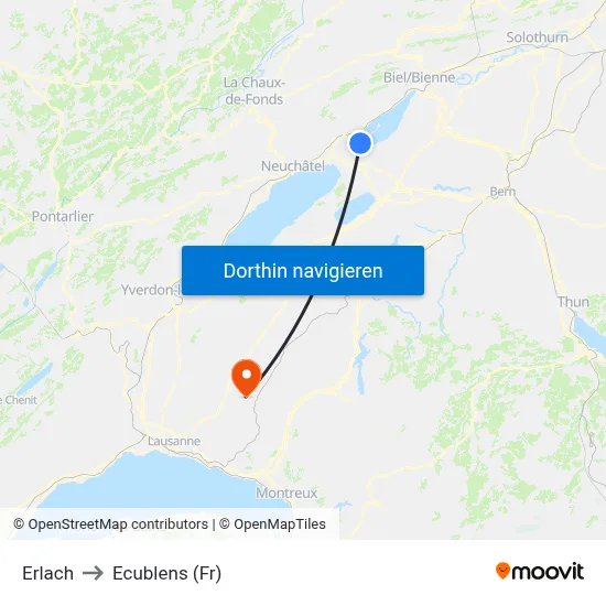 Erlach to Ecublens (Fr) map