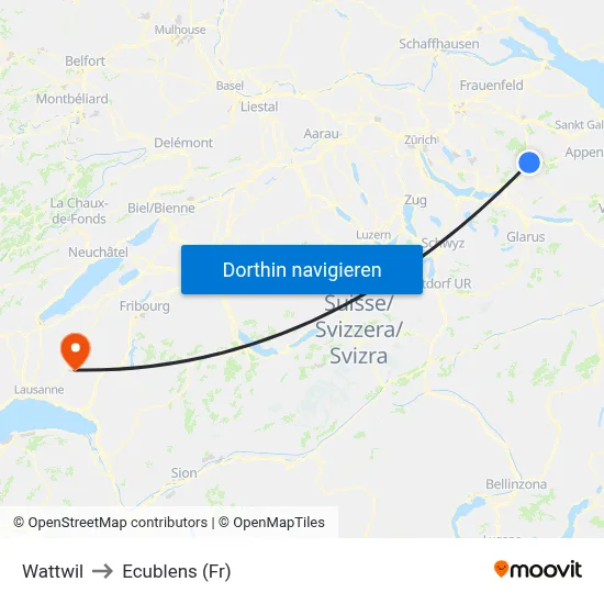 Wattwil to Ecublens (Fr) map