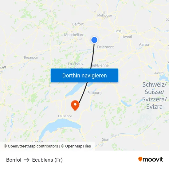 Bonfol to Ecublens (Fr) map