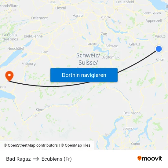 Bad Ragaz to Ecublens (Fr) map