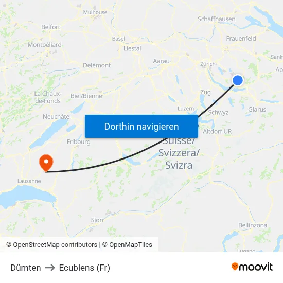 Dürnten to Ecublens (Fr) map