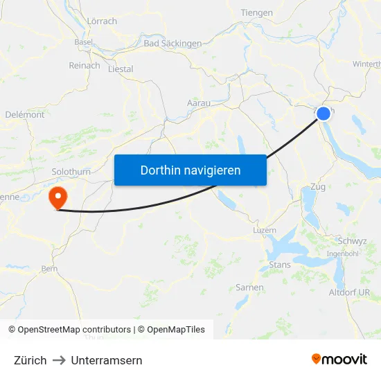 Zürich to Unterramsern map