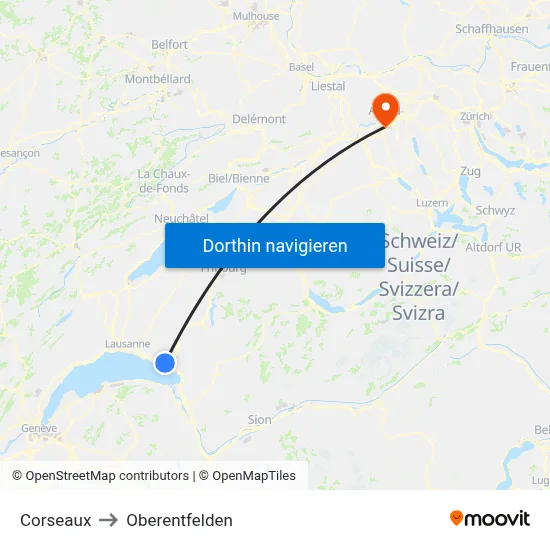 Corseaux to Oberentfelden map