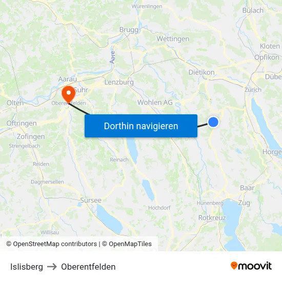 Islisberg to Oberentfelden map