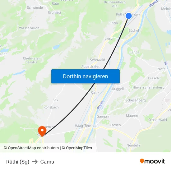 Rüthi (Sg) to Gams map