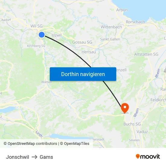 Jonschwil to Gams map