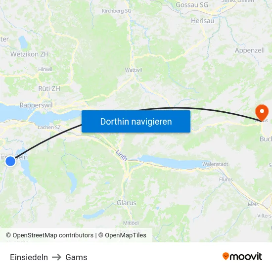 Einsiedeln to Gams map