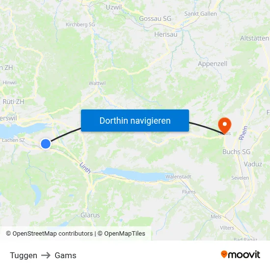 Tuggen to Gams map