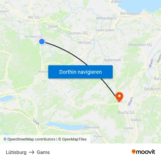 Lütisburg to Gams map